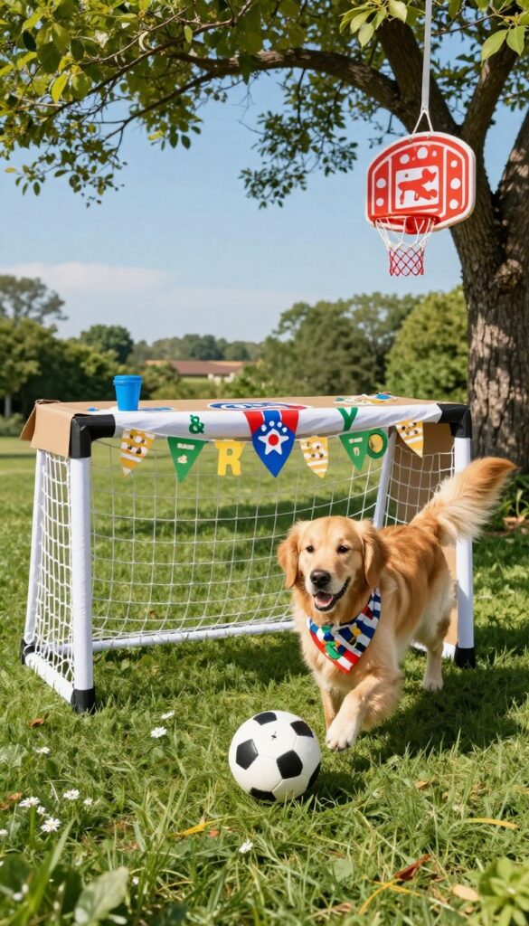 Sports themed dog birthday party with Golden Retriever playing soccer in backyard