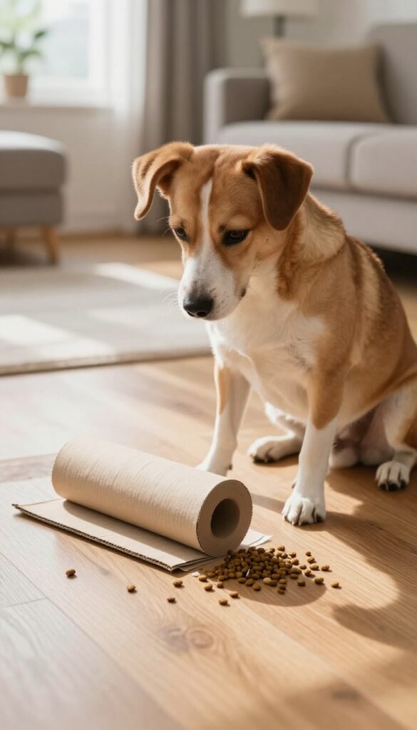 Dog solving a toilet paper roll puzzle on wooden floor