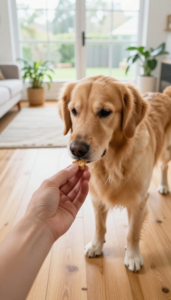 Dog learning a new trick using shaping technique with a treat