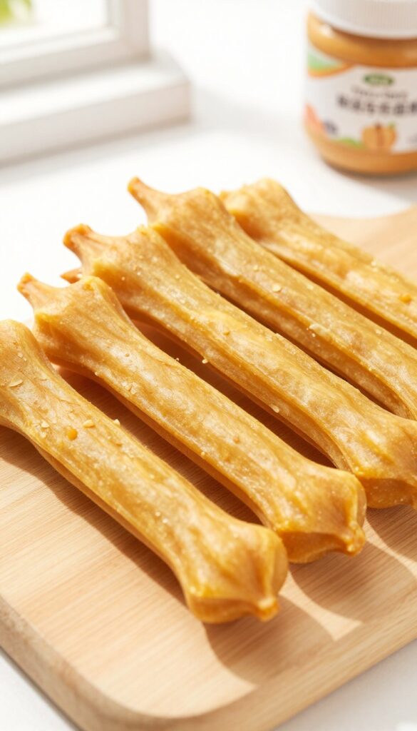 Homemade pumpkin dog chews arranged on a cutting board, showing their dense, leathery texture from a wider angle.
