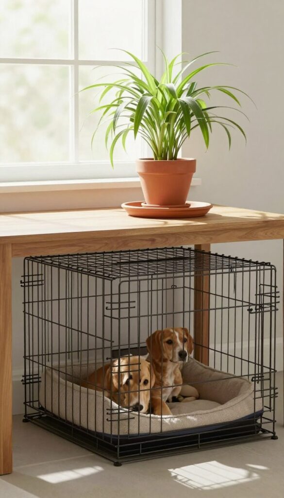 Dog crate used as a plant stand with spider plant on top, bright natural light, cozy living room
