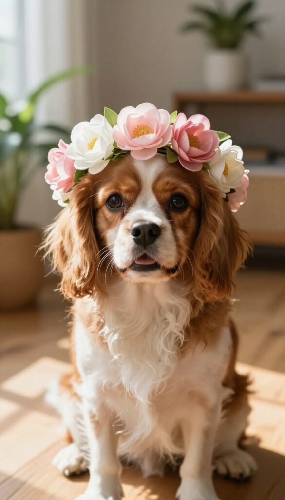 Small fluffy dog wearing a pastel flower crown in a sunlit indoor setting