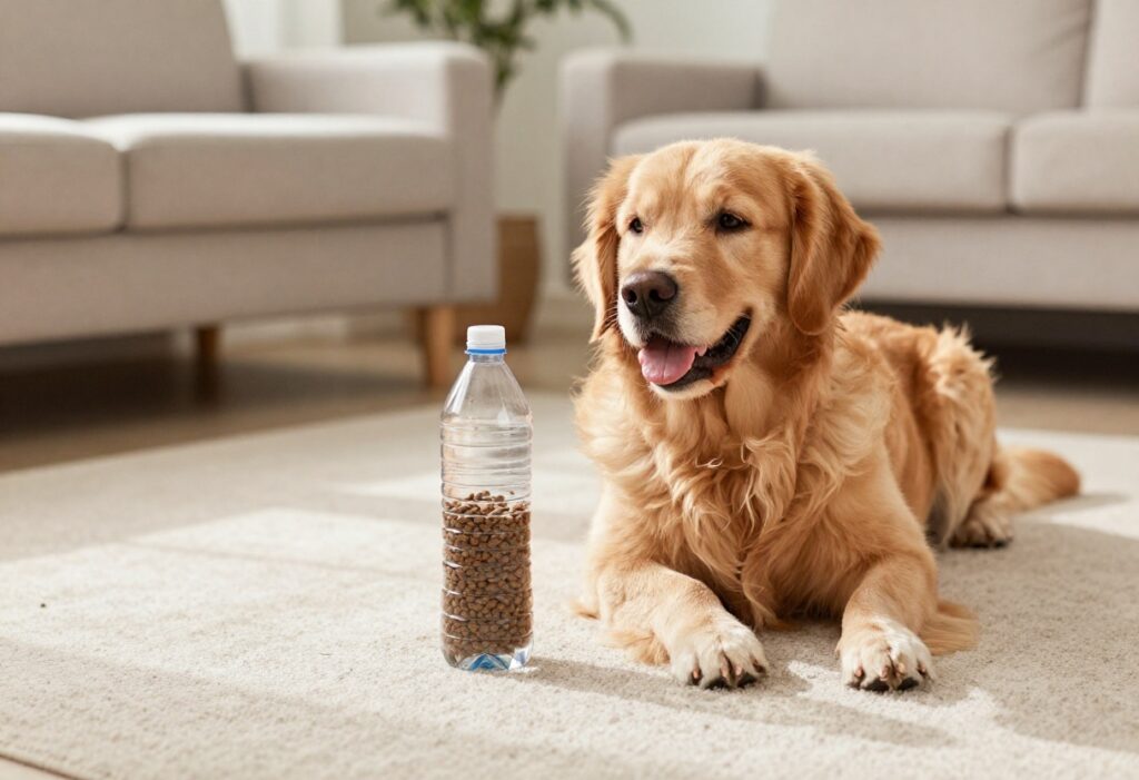 Golden retriever playing with a plastic bottle filled with kibble on a living room floor