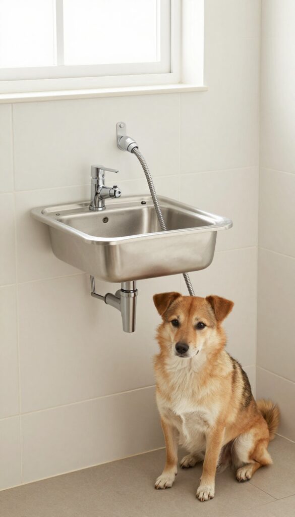 Fold-down stainless steel dog washing basin mounted on wall, with small dog inside, in bright utility room
