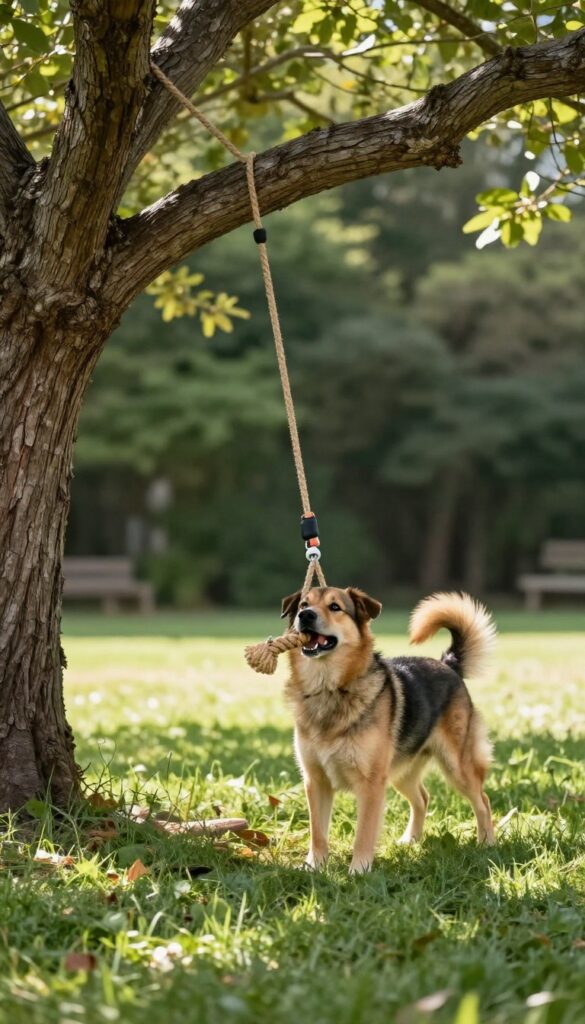 Dog playing with a tether tug toy in a sunny backyard
