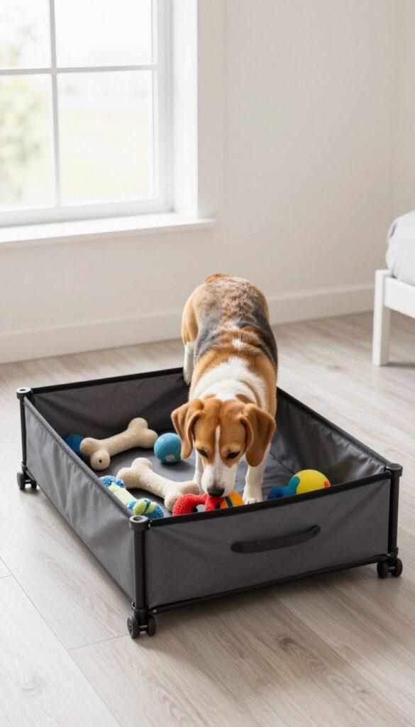 Dog pulling toy from under-bed rolling bin in small bedroom
