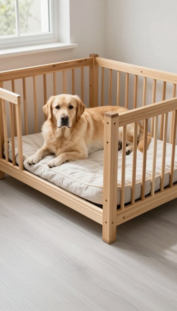DIY dog crate with linoleum floor, large dog resting inside on a bed, bright natural light, clean home interior.