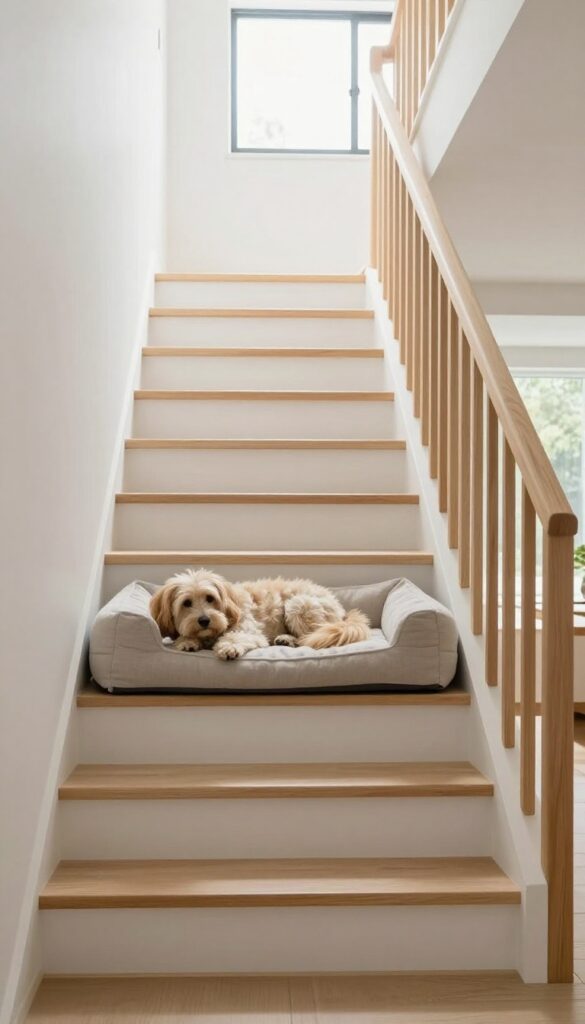 Small dog resting on a low-profile bed placed on a stair landing, with natural light and clean modern interior.