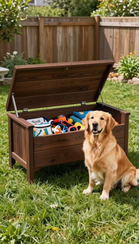 Weatherproof storage bench with open lid revealing dog toys and supplies, golden retriever sitting beside it in a sunny backyard dog run.