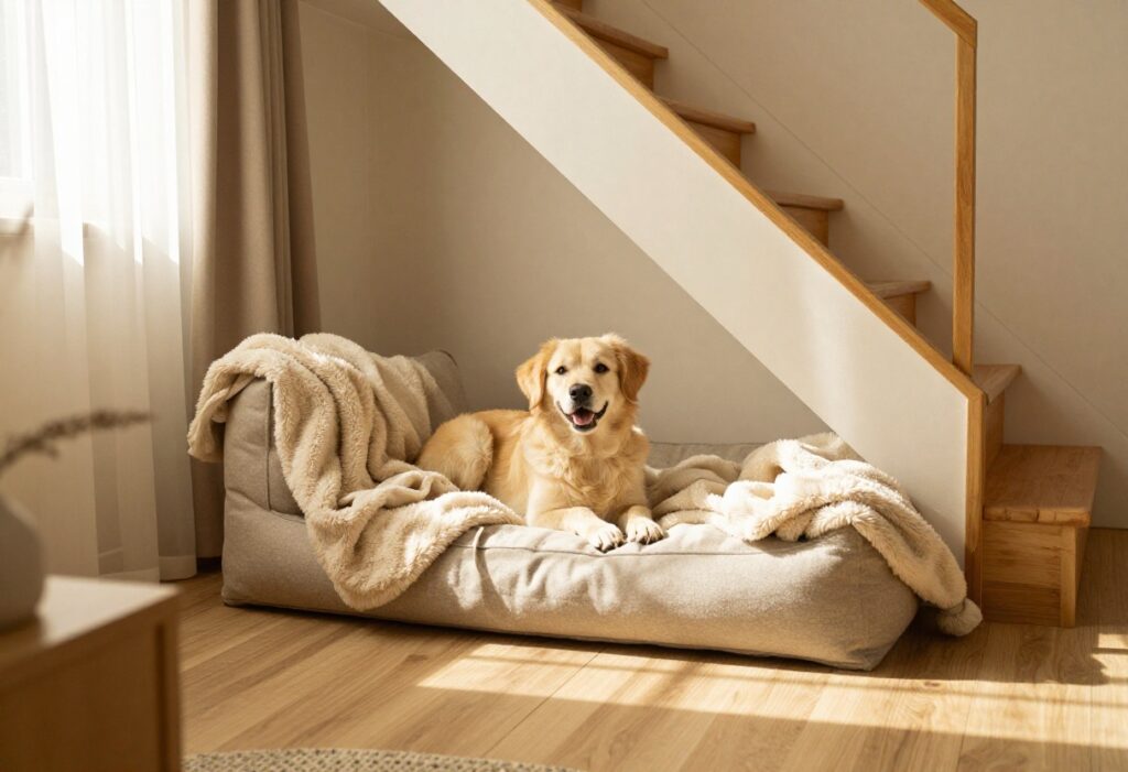 Cozy under-stairs dog den with a dog resting on a bed