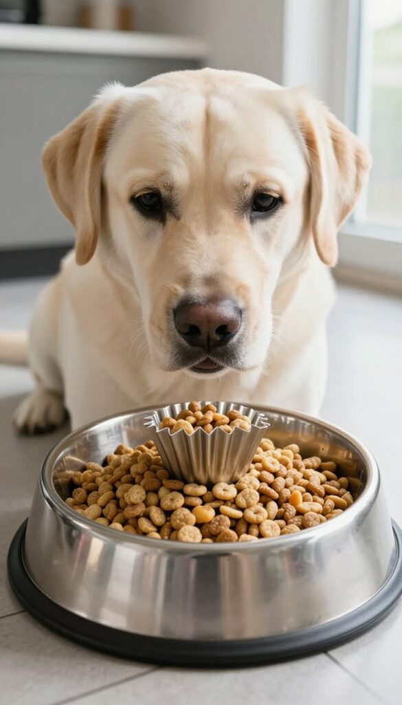 DIY slow feeder bowl insert using a muffin tin inside a dog bowl to slow down eating.
