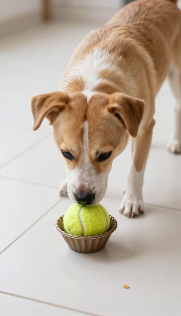 Dog solving a muffin tin puzzle by nudging a tennis ball to reveal a treat