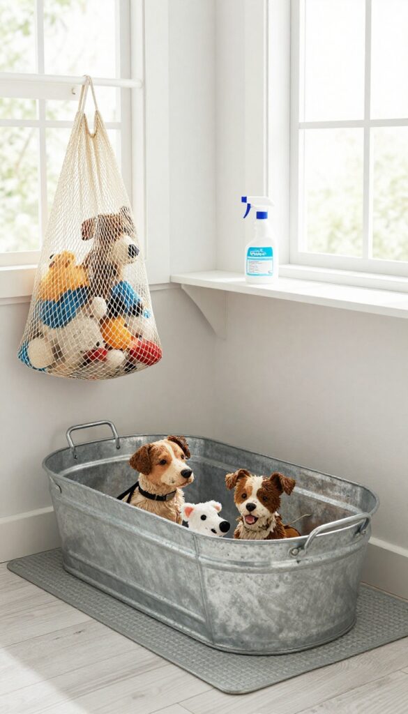 Dog toy washing station in a mudroom with a metal tub, mesh laundry bag, and disinfectant spray
