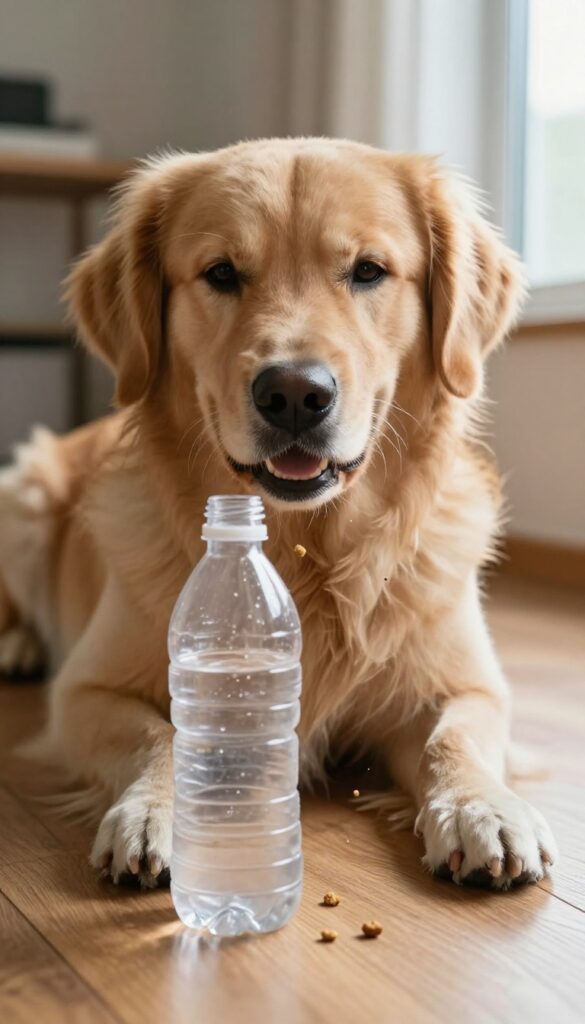 Dog playing with DIY treat puzzle made from a water bottle