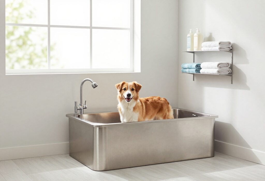 Utility room dog wash station with a raised tub and organized supplies, a happy dog standing inside.