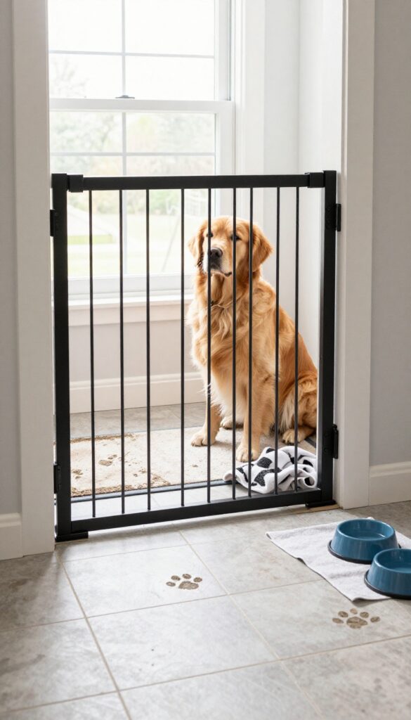 Mud room with a retractable dog gate keeping a golden retriever contained, with muddy paw prints on the tile floor and natural light from a window.