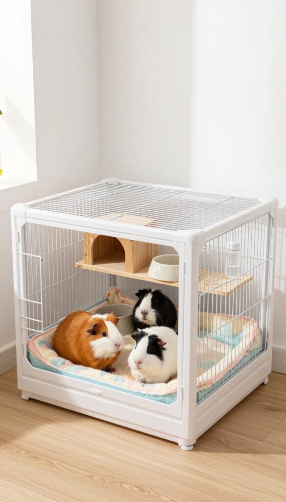 Modular guinea pig cage with expandable panels, fleece bedding, and two guinea pigs in a bright room