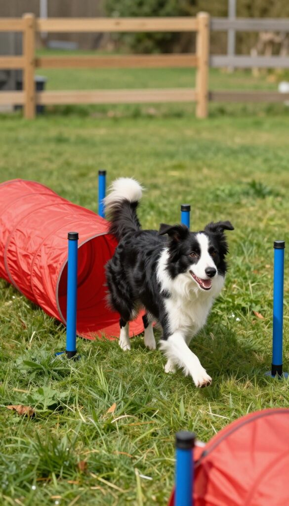 Border Collie running through agility tunnel and weave poles in sunny backyard dog run