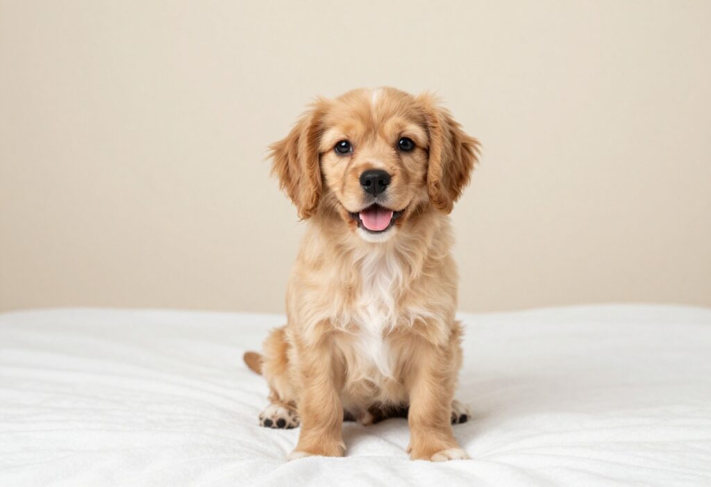 Cute girl dog sitting on a blanket looking at the camera