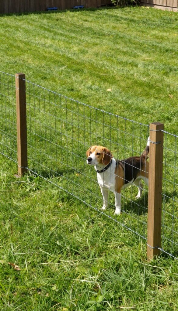 Welded wire fence in a sunny backyard with a dog standing nearby, showing a sturdy, clear-view barrier for secure play.