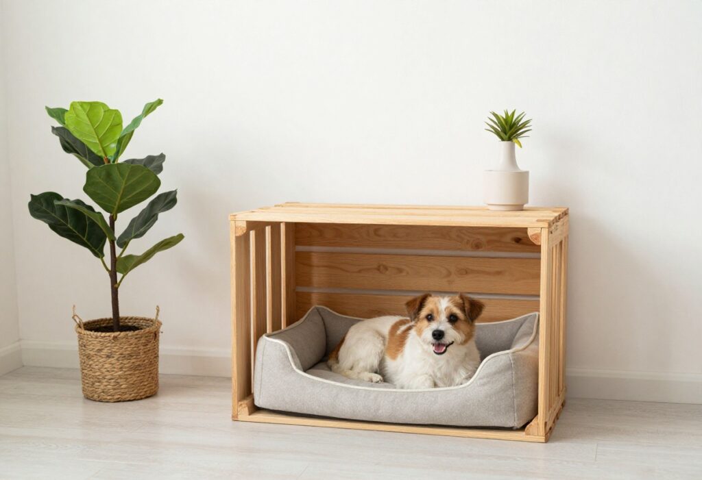 Small dog resting in a wall-mounted crate that doubles as a side table in a cozy room corner.
