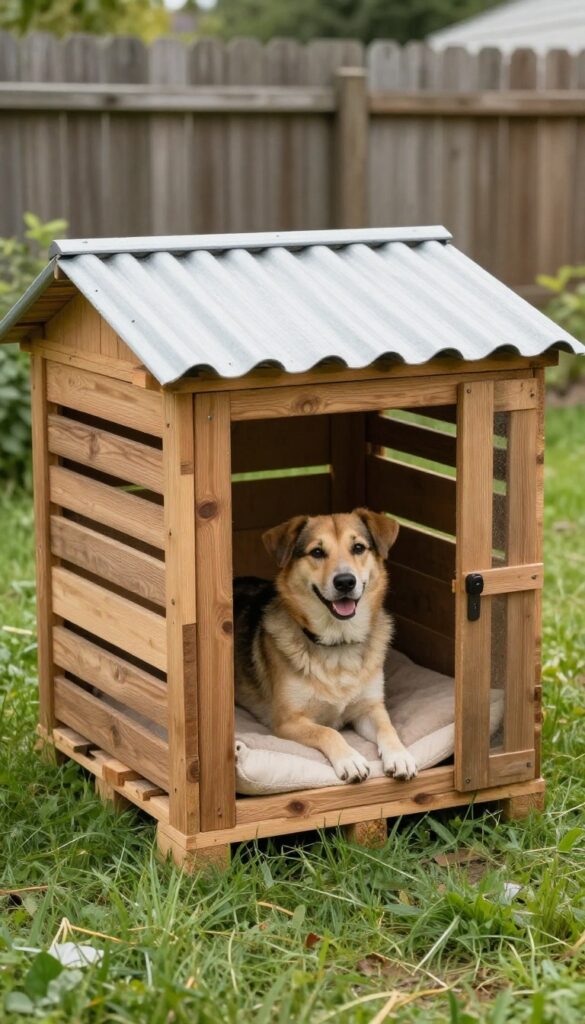 Rustic outdoor dog kennel made from repurposed wooden pallets with a corrugated roof, featuring a dog resting inside, in a sunny backyard.