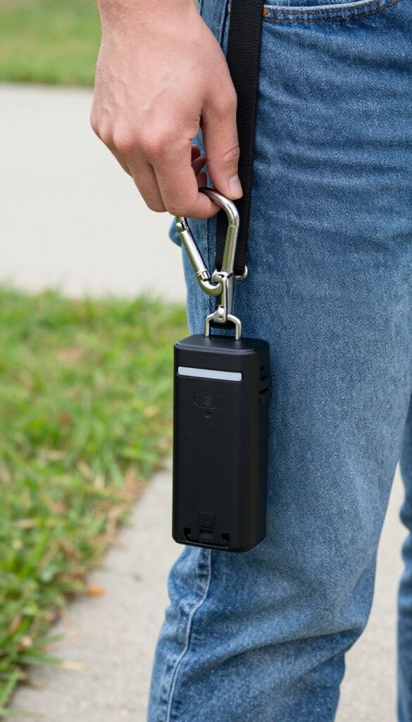 Poop bag dispenser with carabiner clipped to belt loop, hand pulling out a bag, reflective strip visible
