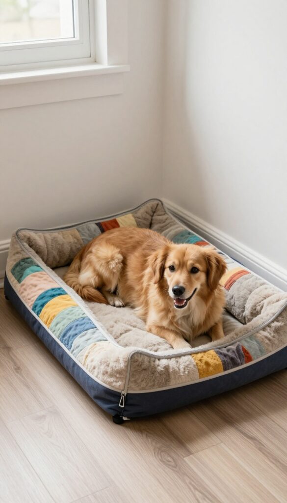 Dog crate with a cozy pad made from fabric scraps, featuring a removable cover and zipper closure, with a dog resting inside.