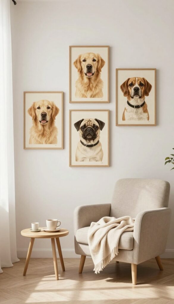Vintage dog breed posters framed in wood hanging on a bright living room wall