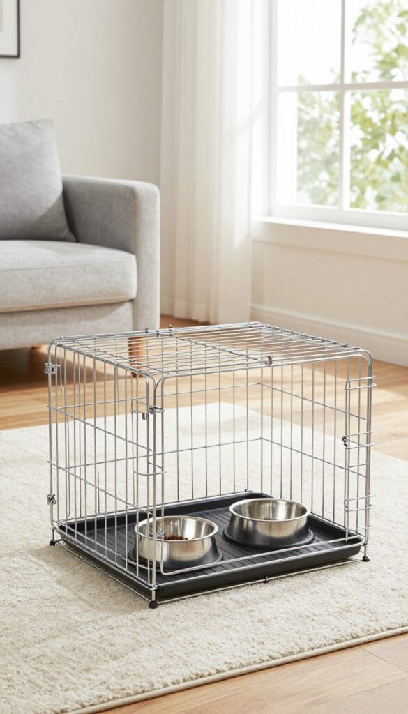 Modern dog crate with built-in feeding station featuring pull-out tray with stainless steel bowls