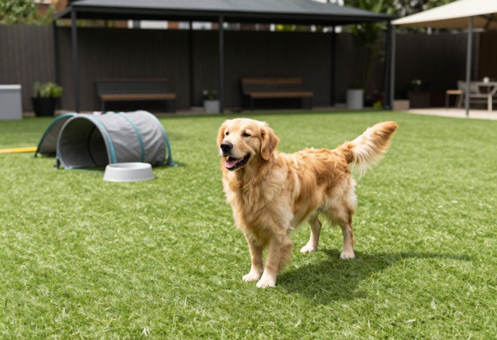 Happy golden retriever in a dog-friendly backyard with artificial turf, canopy, and agility tunnel.