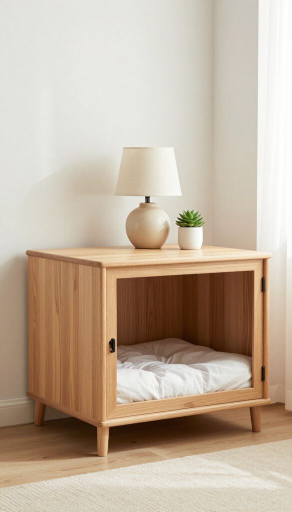 Wooden dog crate styled as a side table with lamp and plant in a bright living room