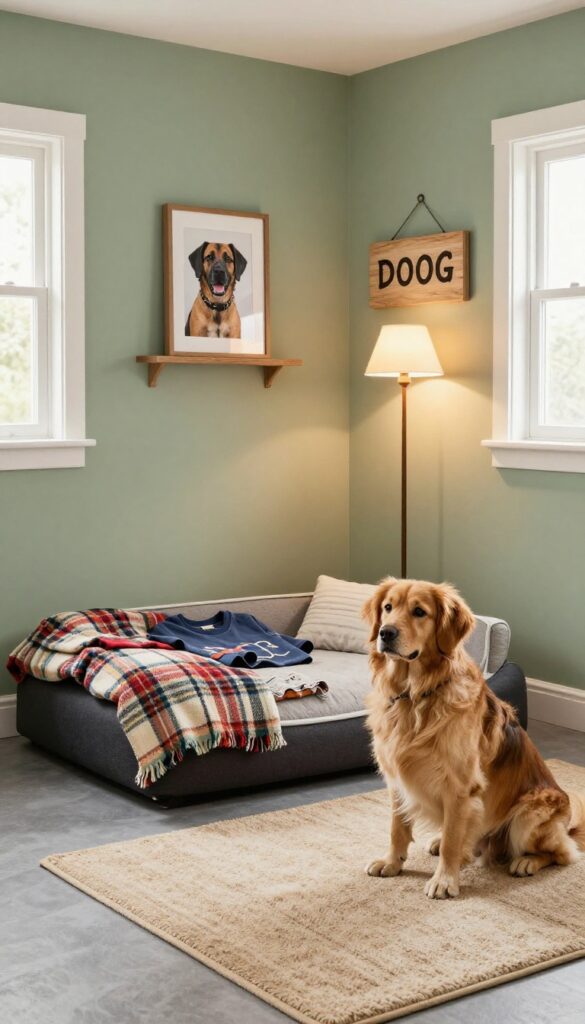 Cozy garage dog room with personalized touches like a framed photo, name sign, and soft blanket on a dog bed.