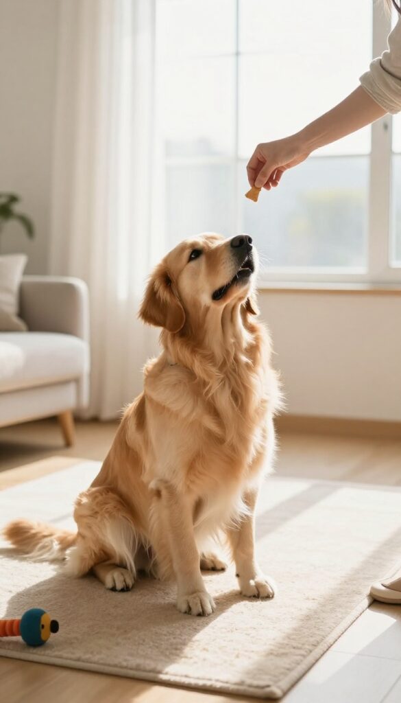 Dog performing spin trick for treat during training session in bright living room