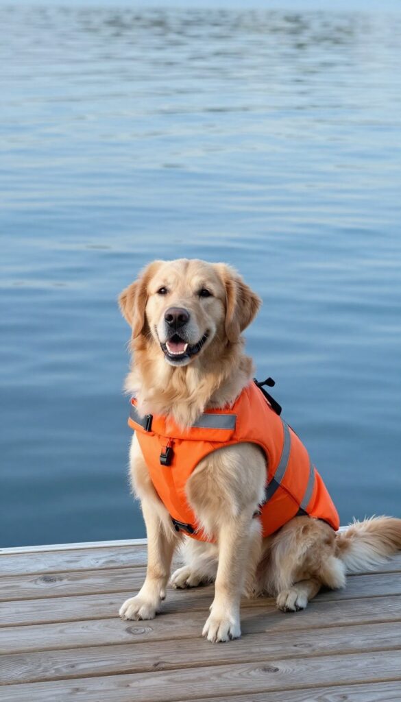 Golden retriever wearing orange dog life jacket on a dock by a lake
