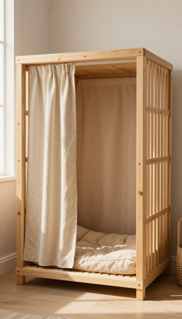 Custom dog crate nook built into a closet with a curtain for privacy.