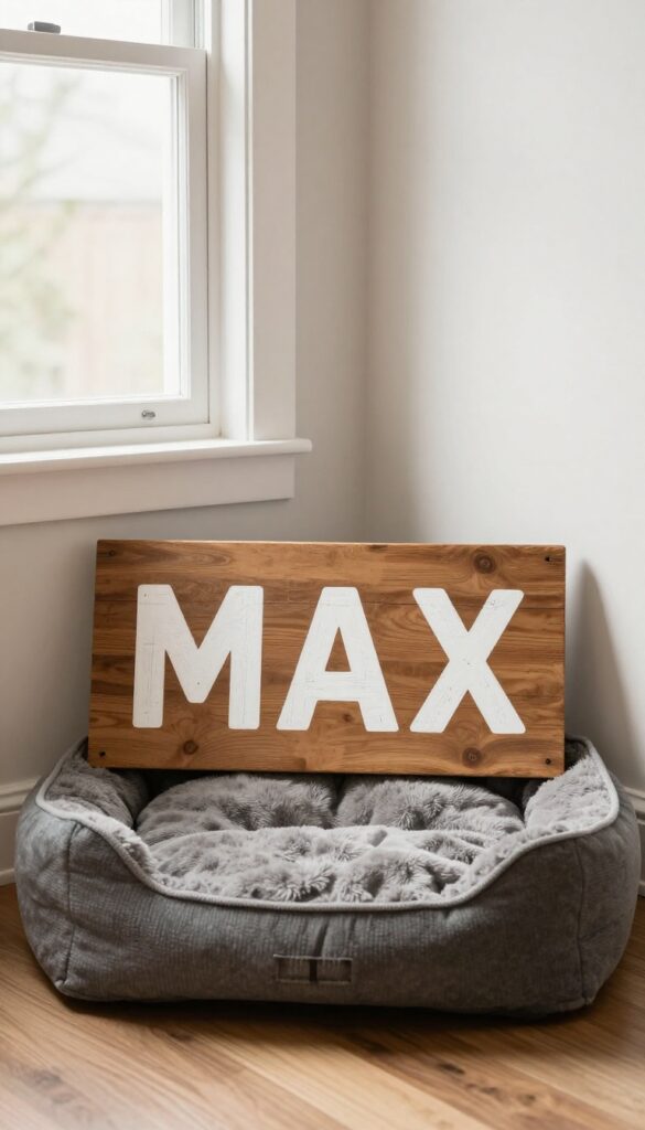 A wooden sign with a dog's name hanging above a cozy dog bed in a sunlit room.