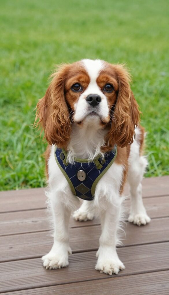 Cavalier King Charles Spaniel wearing navy and olive argyle harness on sunny deck