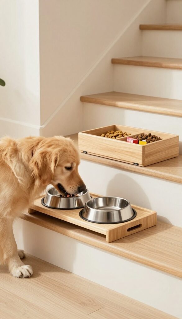 Under stairs dog feeding station with pull-out bowls, raised for comfort, with storage drawer, bright natural light, photorealistic lifestyle photography
