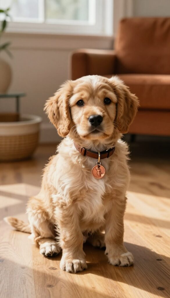 A cute golden Spaniel puppy with a copper penny-shaped dog tag on a brown collar, sitting in a sunny, cozy living room with earthy decor.