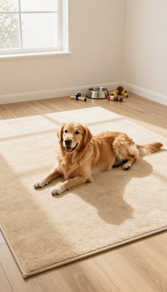 Dog kennel with natural beige linoleum flooring, bright natural light, golden retriever on non-slip rug