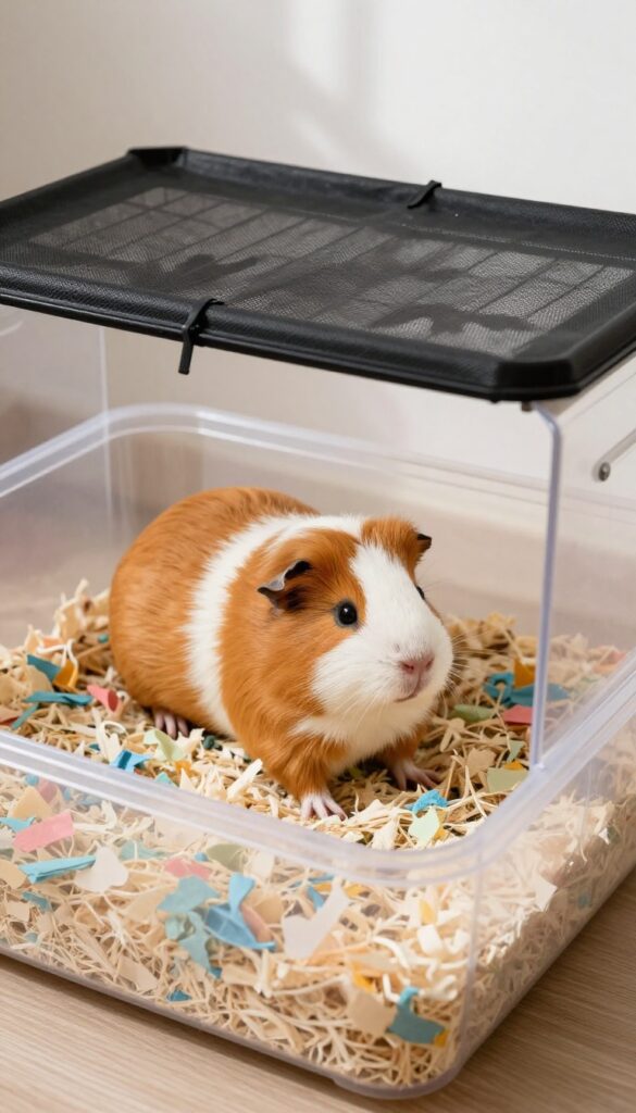 High-sided clear plastic bin cage with hardware cloth lid, soft bedding, and a guinea pig inside