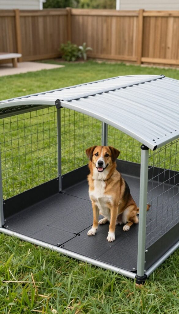 Covered dog kennel with rubber mat flooring in a clean yard