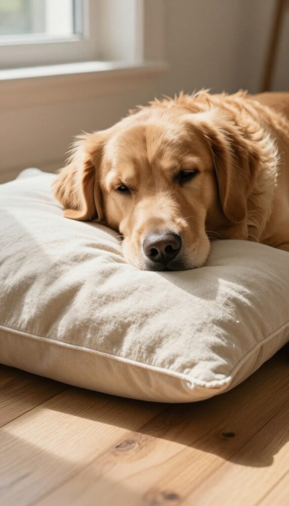 Homemade lavender calming pillow for dogs on floor next to relaxed Golden Retriever