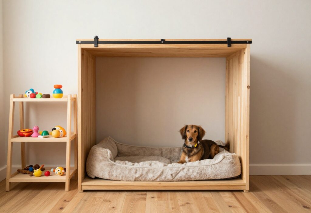 Cozy under-stairs dog room with built-in crate and barn door