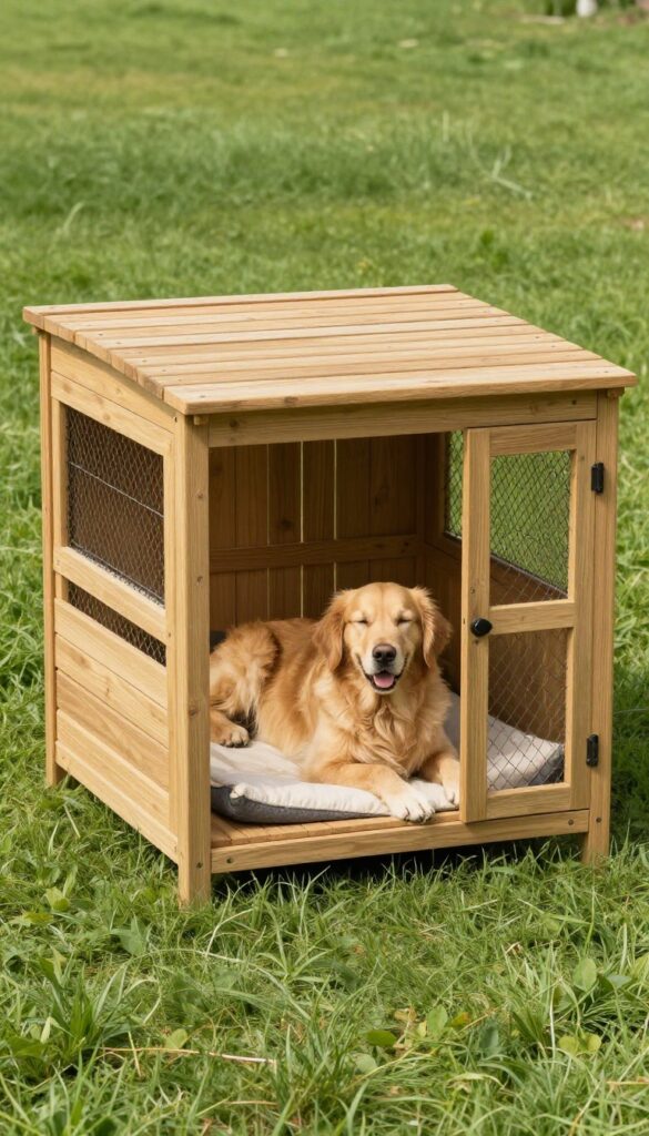 Raised deck dog kennel with a dog resting on it in a sunny backyard