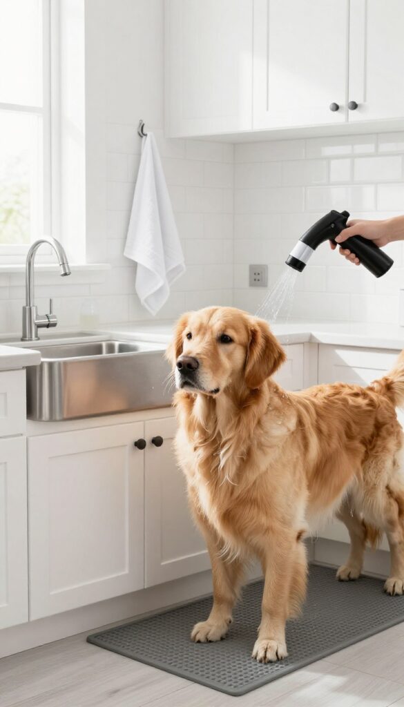 Dog standing in a portable basin or deep sink while owner rinses muddy paw with handheld sprayer in a bright mud room.