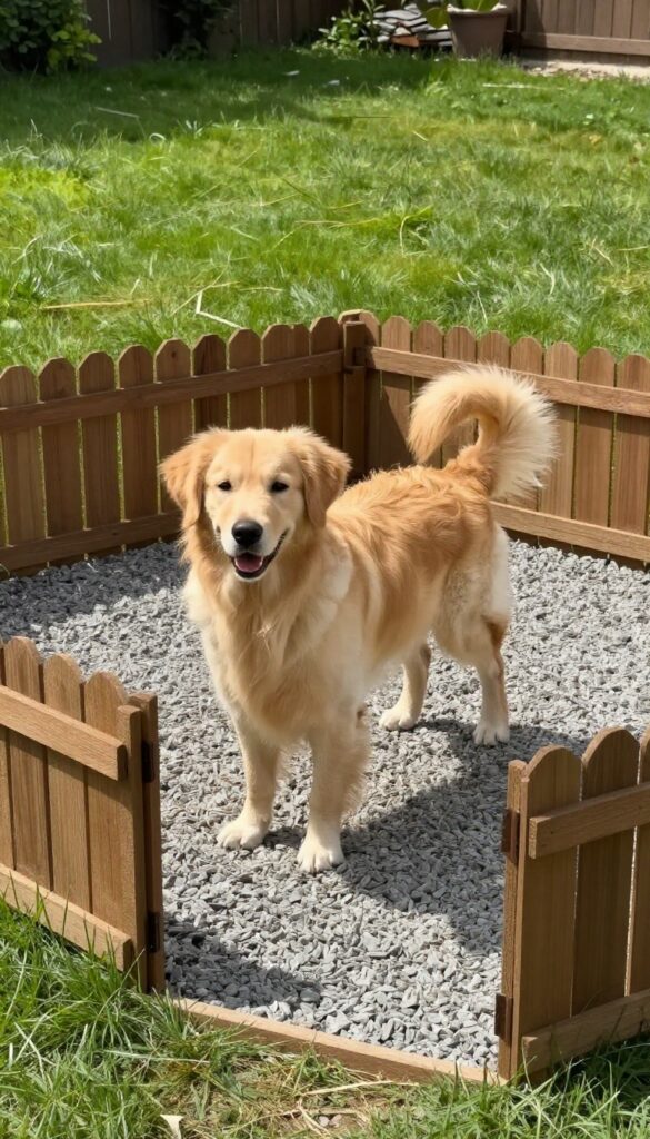 Dog run with gravel base and wooden fence, golden retriever standing on dry gravel, sunny backyard