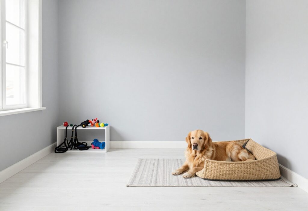 Calm and clean dog kennel room with a golden retriever resting on a rug