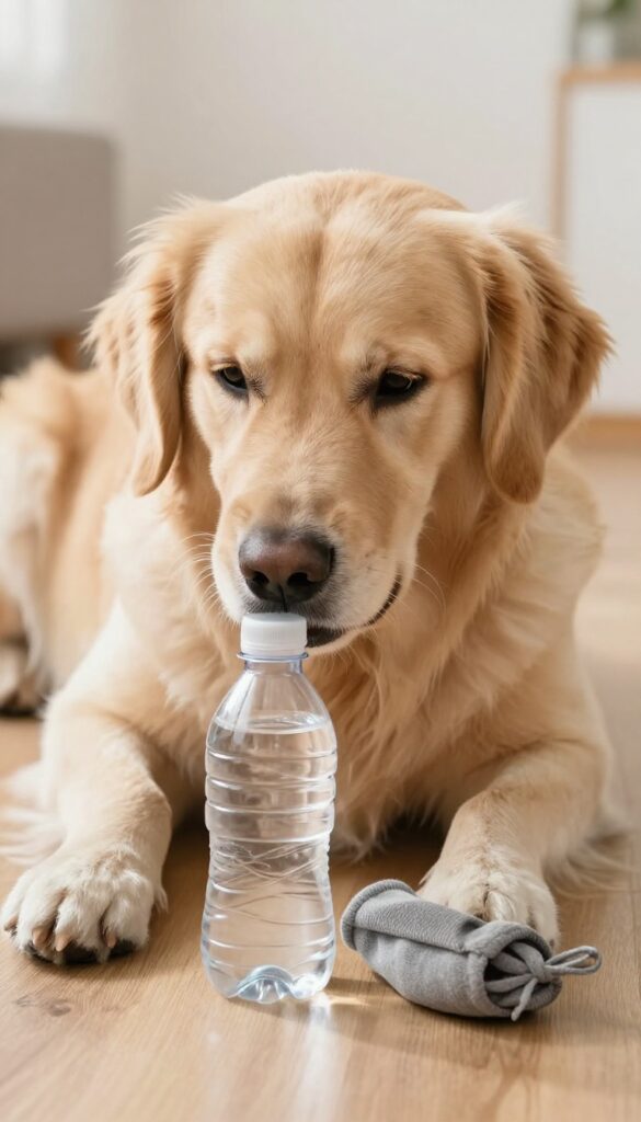 Dog nudging a bottle and sock puzzle with treats inside on wooden floor